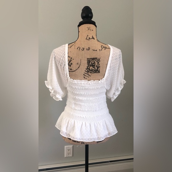 EXPRESS WHITE SMOCKED PUFF SLEEVE TOP, SIZE PETITE SMALL - Picture 2 of 10